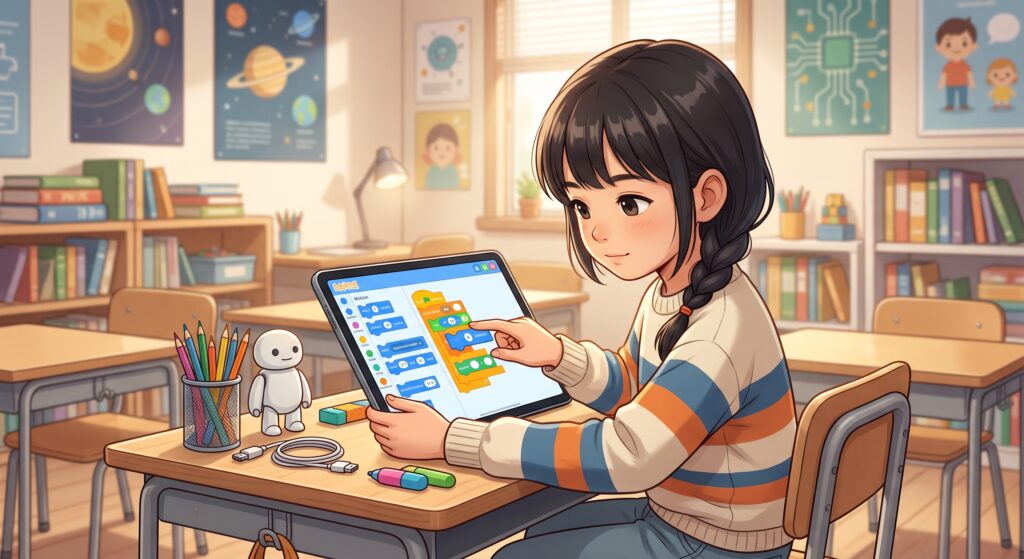 Rちゃんがプログラミングのブロックを組み替えて試行錯誤している様子