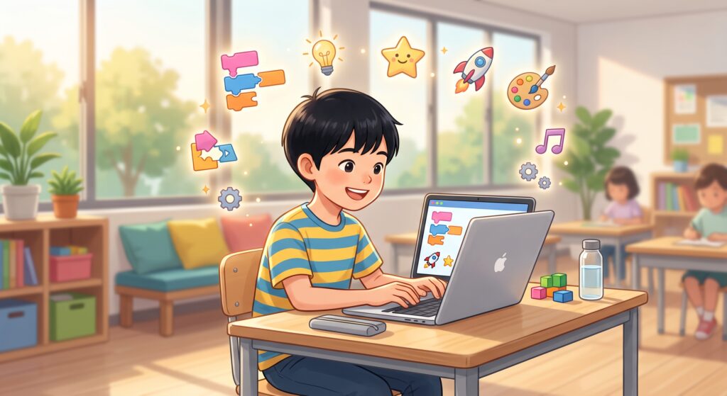 試行錯誤しながら楽しくプログラミングに挑戦する子どものイメージ